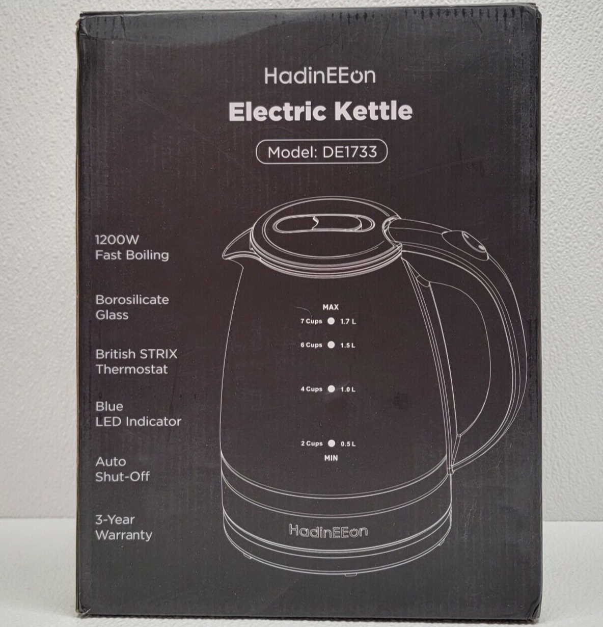 HadinEEon DE1733 Clear Black Borosilicate Glass 1200W Electric Water Kettle 1.7L Tea Kettles