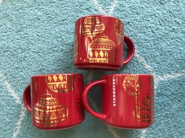 3 2015 STARBUCKS Red & Gold Ornament Christmas Holiday Stackable Coffee Mug 14oz - $52.99