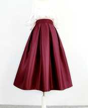 Burgundy Polka Dot Pleated Midi Skirt Women A-line Full Pleated Midi Party Skirt image 14
