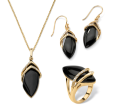 BLACK ONYX CZ MARQUISE EARRINGS RIND NECKLACE SET GP 18K GOLD - $189.99