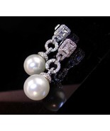 90 diamond earrings 925 15mm pearls  Vintage Victorian drops pierced wedding ear - $785.00