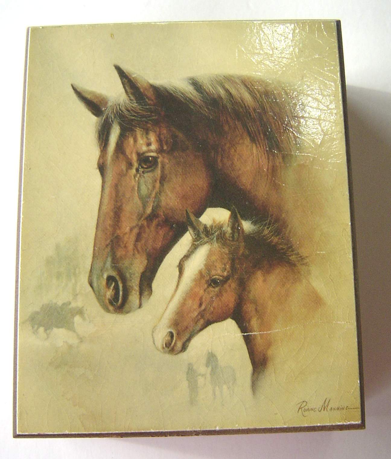  Small Wood Trinket Box Hinged Lid Features Ruane Manning's Horse Mare and Fowl - $19.99
