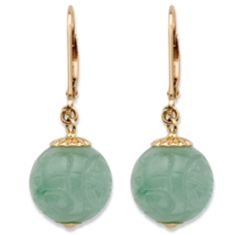 GREEN JADE ETCHED BEAD DROP EARRINGS SOLID 10K YELLOW GOLD - $379.99