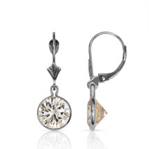 Sapphire Bezel Set Round Shaped Leverback Dangle Earrings 14K Solid White Gold - $125.71