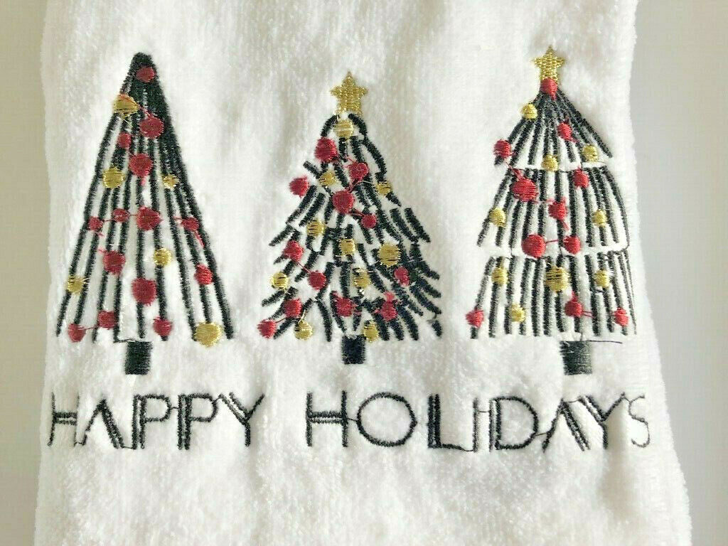 Christmas Tree Fingertip Towels Embroidered Holiday Set of 2 White Red Black