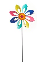 Flower Wind Spinner Garden Stake Iron 39.4" High Double Pronged Multi-Color