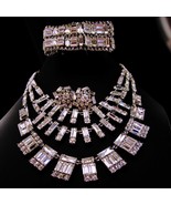 Designer Necklace set  baguette Wide bracelet  crystal clip earrings signed wedd - $275.00