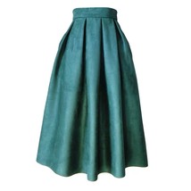 Green Suede Midi Skirt Outfit Womens Autumn Winter Midi Pleated Skirt image 1
