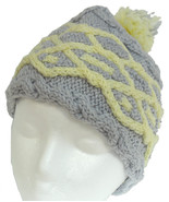 Pale Grey hand knit hat with yellow cable and pom-pom - $21.00