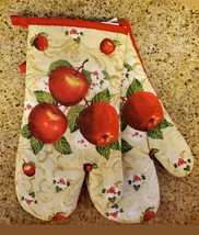 Oven Mitts, Set of 2, Red Apple Blossom design, Large 13&quot;, Cotton Kitche... - $9.99