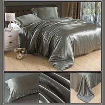 Luxury Silver Gray Mulberry Silk Satin Top Sheet Duvet w/ 2 Pillow Cases 4 Pc Be image 1