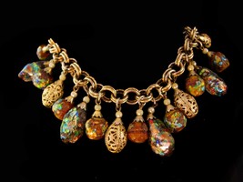 Rare Napier art glass charm bracelet - signed estate jewelry - opal dich... - $375.00