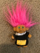 DAM TROLL DOLL 3&quot; Dressed in Green Felt Tunic Hot Pink Hair Amber Eyes S... - $12.19