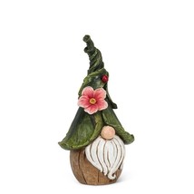 Gnome Statue with Ladybug Leaf Flower Hat White Beard 12" High Poly Resin Green image 2