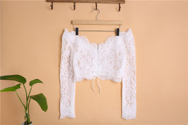 Off Shoulder V-Neck Long Sleeve Lace Crop Tops Boho Wedding Bridal Lace Top image 2