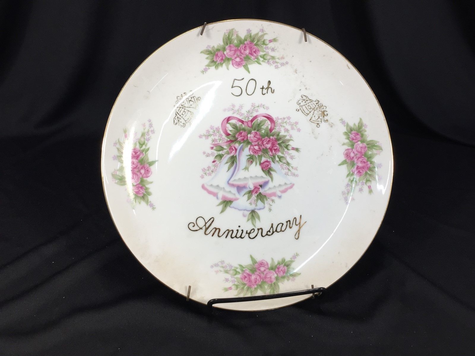 Primary image for Vintage 50th Anniversary Decorative Plate Wall Hanger Roses Bells Made in Japan