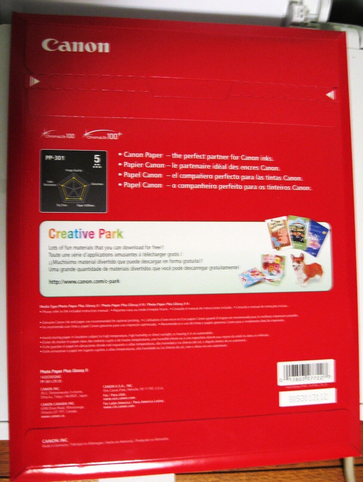 Canon Photo Paper Plus Glossy Ii Pp301 85x11 20 Sheets Brand New Printer Photo Paper 6611