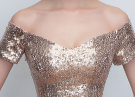 Women Gold Off Shoulder Short Sleeve Maxi Sequin Dress Plus Size Sequin Dresses image 2