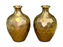 Vintage Pair Solid Brass Geometric Vase 5.75" Tall Made in India MCM Hammered image 4