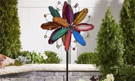 Flower Wind Spinner Stake 84" High Iron Multicolored Layered 3-Pronged Dual Spin