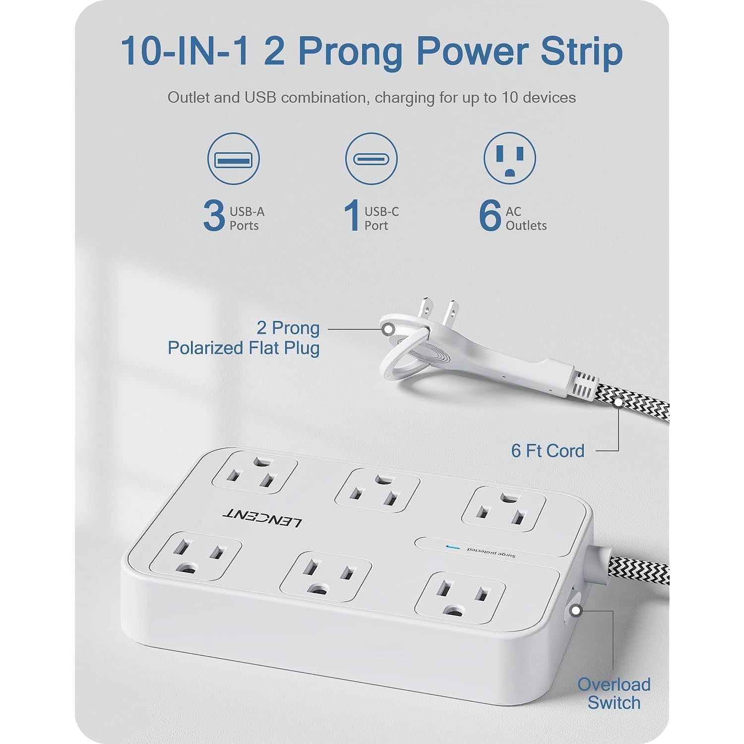 2 Prong Power Strip, 3 To 2 Prong Outlet Adapter, Two Prong Surge