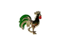 Vintage Goldtone Signed Gerry's Green Red Enamel ROOSTER Chicken Pin Brooch image 2
