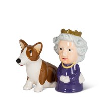 Queen and Corgi Salt Pepper Set Ceramic 3.5" High Royalty Purple Collectible