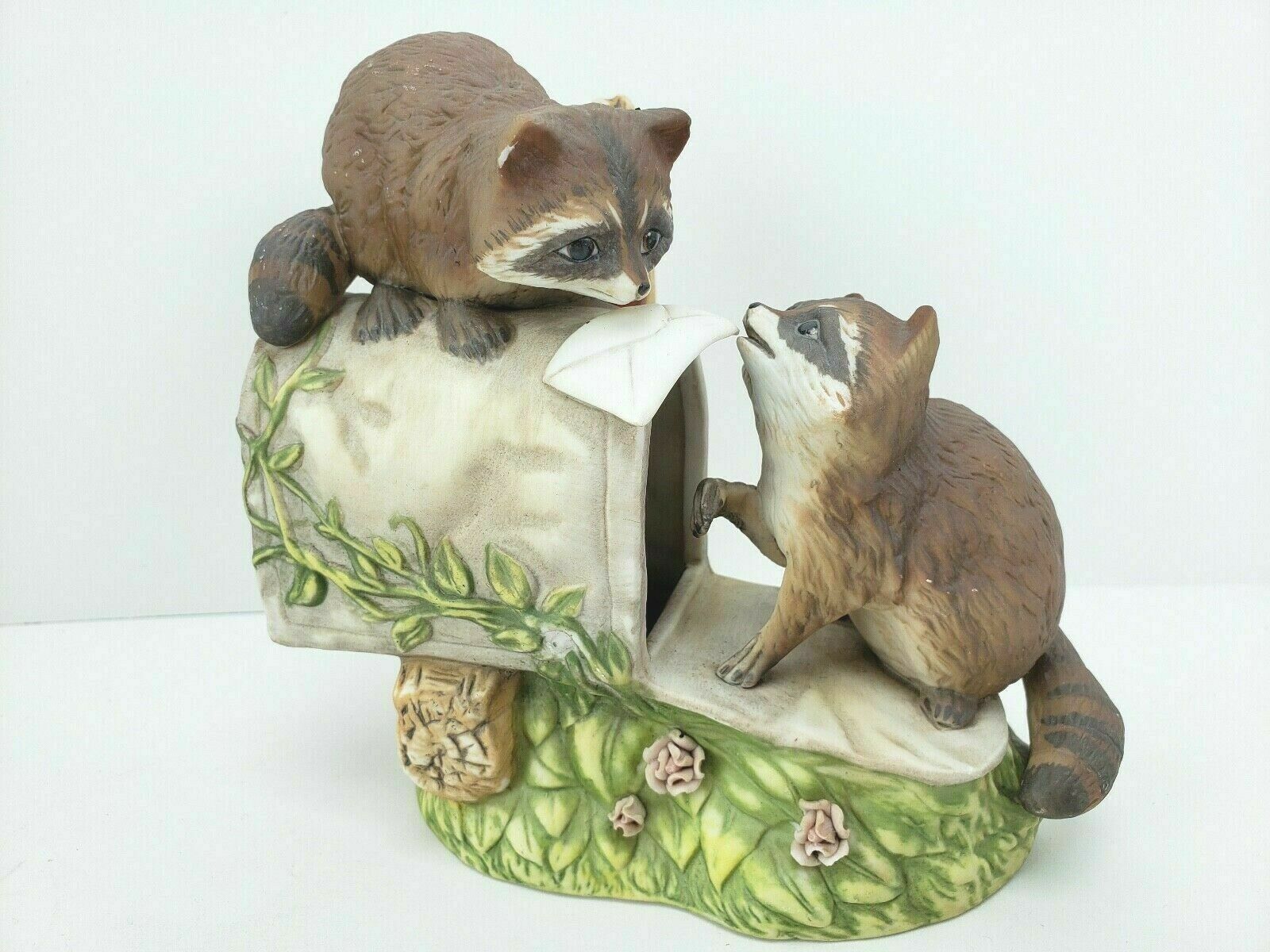 Vintage Homco Masterpiece Porcelain Hand Painted  Playing Raccoons/Mailbox 1987 - $23.93
