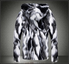 Natural Marbled Black and White Rabbit Faux Fur Front Zip Hooded Coat Jacket image 2