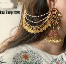 Indian Big Jhumka Earrings Jhumki Wedding Bollywood Set Real Camp Chain ... - $179.55