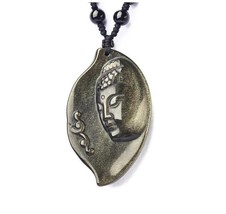 Natural Gold Obsidian stone buddha charm zen buddha pendant beaded necklace - $39.60