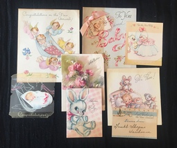 Set of 8 Vintage 40s illustrated Birth/Baby card art (Set D)