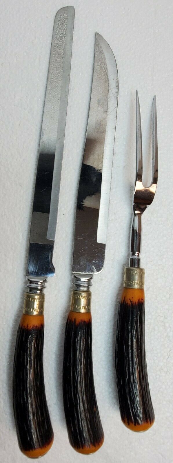 Sheffield Yellow Bakelite Carving Set, Knife, Fork and Steel, s/3