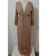 Vintage INTIME Robe Tan 100% Nylon LS Fur Trim House Duster EDIE ADAMS M - $269.99