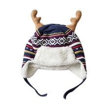 Warm Hat Knitted Hat Plus Velvet Ear Protection Hat BLUE elk Pattern