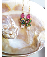 Natural Pearl and Rubellite Earrings, 22K Gold Plated Silver Earrings  - $130.00