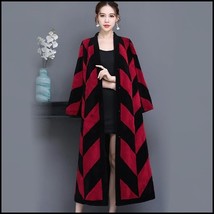 Luxury Long Red And Black V Neck Chevron Design Lamb Shearling Sheepskin Coat image 5