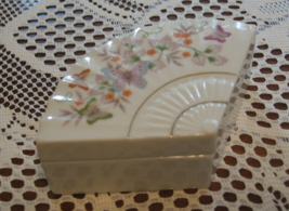  Avon-Porcelain Trinket Box w/Lid-Fan Shape-Butterflies & Flowers-1980 - $10.00
