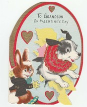 Vintage Valentine Card Jack Russell Terrier Dog Jumps Through Hoop Bunny... - $8.90
