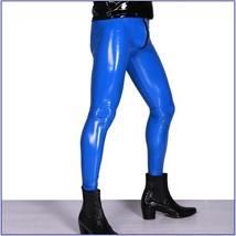Men's Skin Tight Blue Color Faux Latex Zipper Pouch Stretch Pants Leggings  image 2