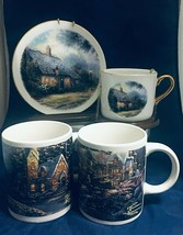 Thomas Kinkade 2 Coffee Mugs 2008 & Moonlight cottage decorative Teleflora set - $18.80