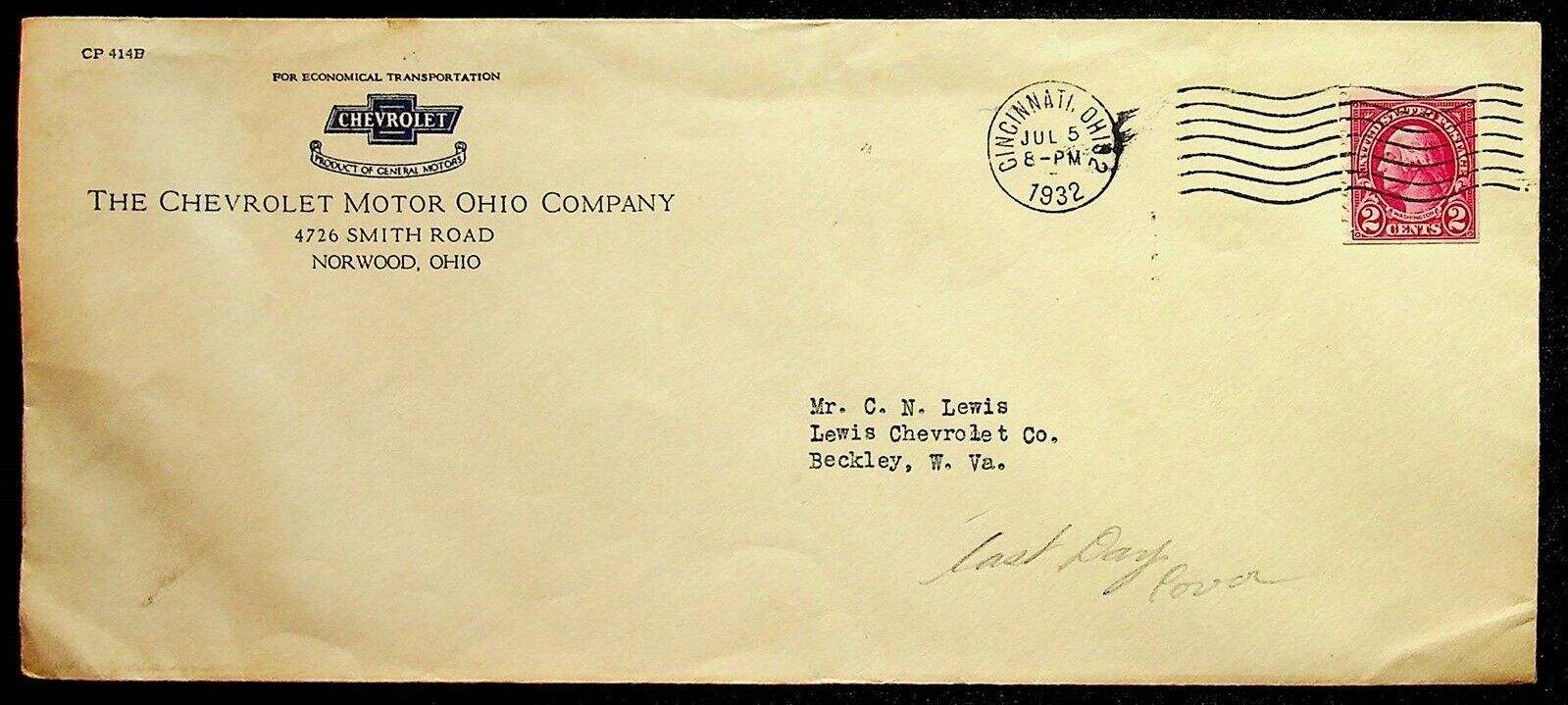 Chevrolet Motor Norwood Ohio Company Postal Cover 1932 - Other