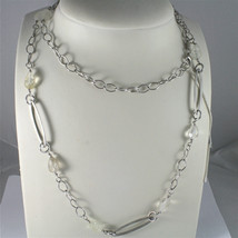 .925 RHODIUM SILVER NECKLACE WITH CRACK CRISTAL FACETED DROPS, SATIN OVA... - $83.99