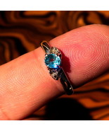 Sterling Silver Solitaire Ring with oval Cut Blue Zircon and 2 CZ - Size 6.5 - $59.00