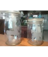 Pair LG FRENCH Etched Carousel Glass Canning Jars Canister Glass Jars 15... - $19.80