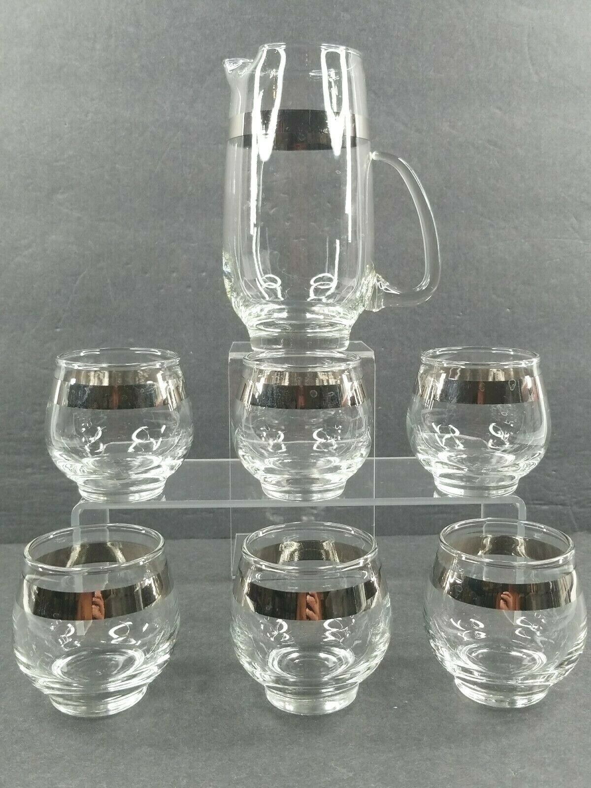 Mid-Century Libbey Glass Co. Roll Poly Silver Band Small Bar Pitcher