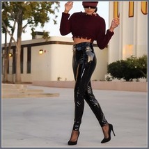 Shiny Black Tight Fit Faux Leather High Waist Front Zip Up Legging Pencil Pants