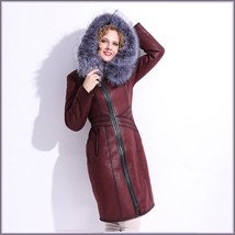 Silver Russian Fox Fur Hooded Collar Long Sleeves Plush Lined Faux Leather Coat