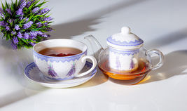 Tea for One Teapot 5 pc Set 12 oz Lavender Sprigs Bone China Glass Mother's Day  image 4