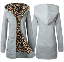 Long Gray Front Zip Up Lined Leopard Print Medium Length Hooded Parka Jacket